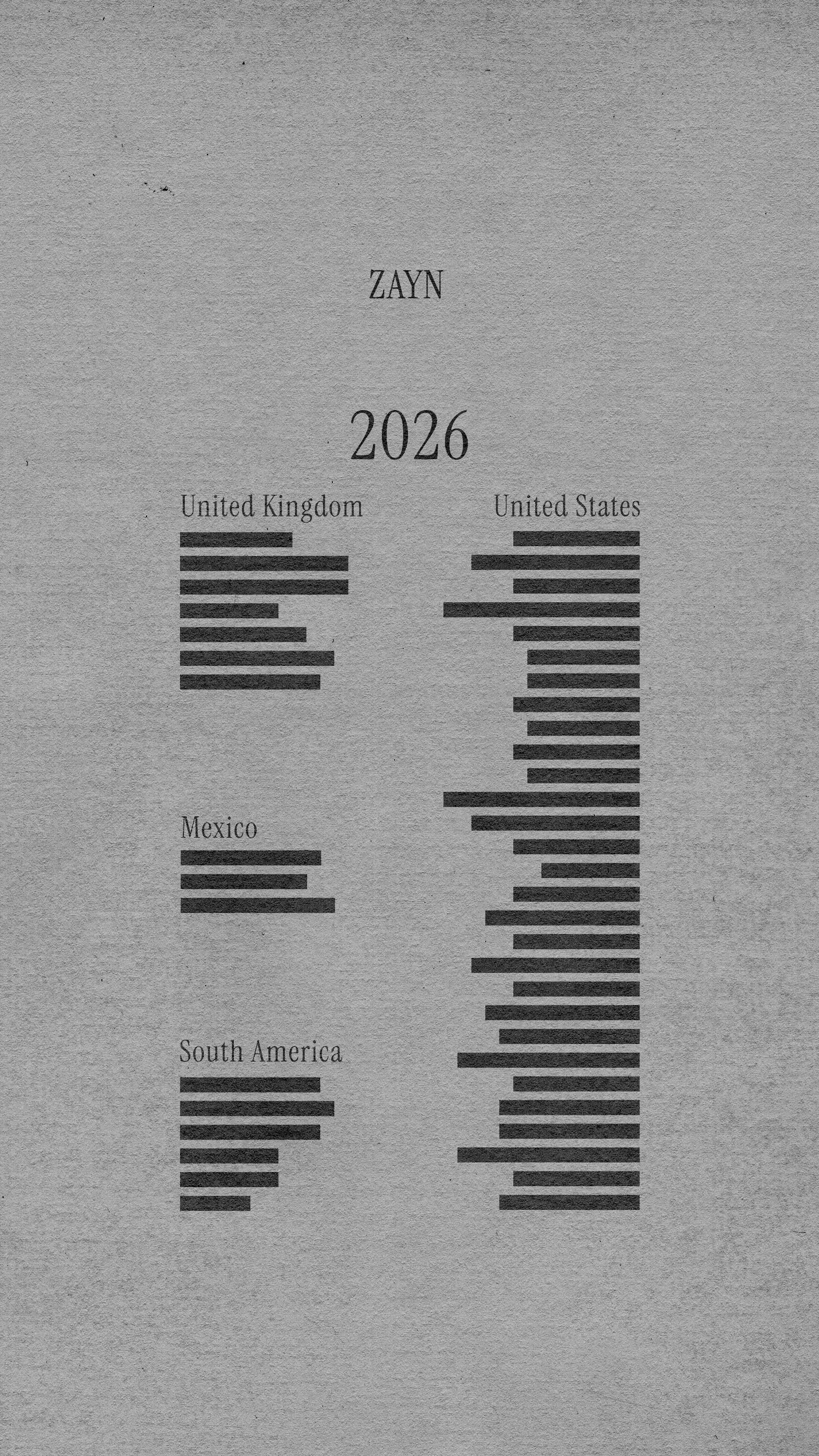 Zayn 2026 tour dates. United Kingdom, Mexico, United States, and South America